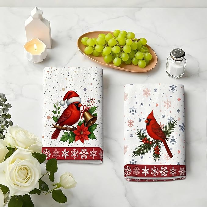 Christmas Kitchen Towels, Cardinal Winter Kitchen Decor Dish Towels Set Of 4, Cardinal Gifts for Women Friends Mom Wife, Absorbent Holiday Tea & Hand Towel Dish Cloths for Drying Baking Cooking