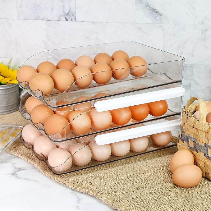 Egg Container for Refrigerator - Clear Stackable 3 Tier Plastic Egg Holder Drawer - 4 Dozen Capacity Farm Eggs Organization Storage Trays for Fridge or Kitchen Counter