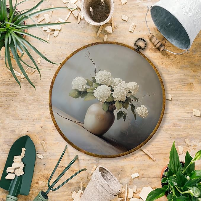 Hiuwevt Muted White Hydrangea Round Wall Art Decor, Vintage Floral Still Life Hanging Canvas Prints Artwork Framed, Rustic Ceramic Vase Flower Circular Wall Decor for Home Bedroom, 10x10 Inch