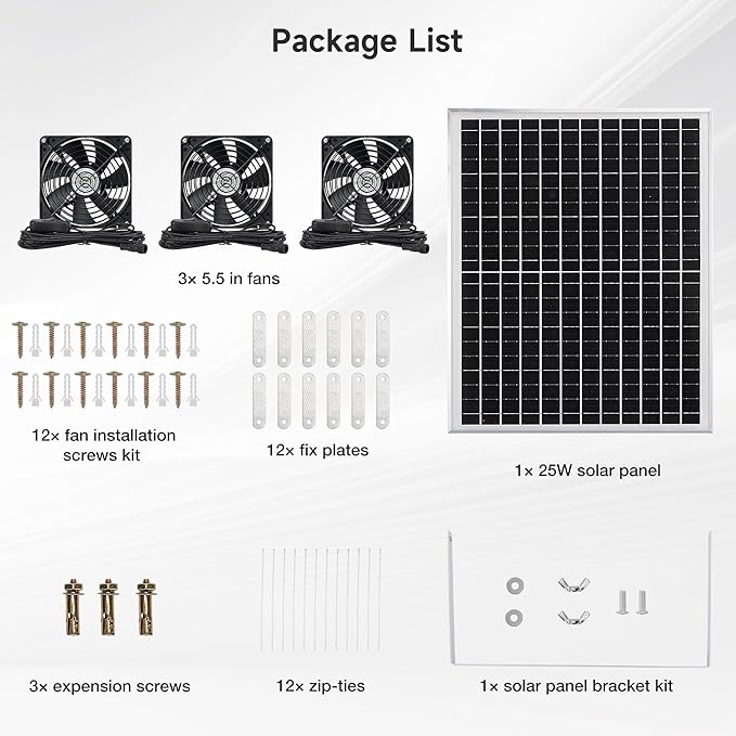 5.5" Solar 3 Fan Kit, IP67 Waterproofed Solar Powered Fan for Intake or Exhaust Air, Ventilation & Cooling
