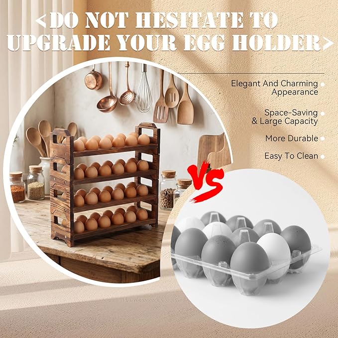 LemonRoad 4 Tier Wooden Egg Holder for Countertop, Pine Stackable Fresh Egg Storage Farmhouse Collecting Rack for Gathering Kitchen Organizer Duck Eggs Display, Stackable with 48 Eggs