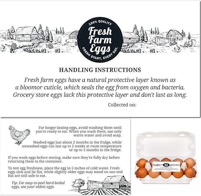 100 Pack Premium Fresh Farm Eggs Handling Instructions Care Accessories Cards Labels | Egg Blank Cartons 4 6 12 15 18 30 48 50 Count Basket Box Container Storing Extra Organizer -M09CH100