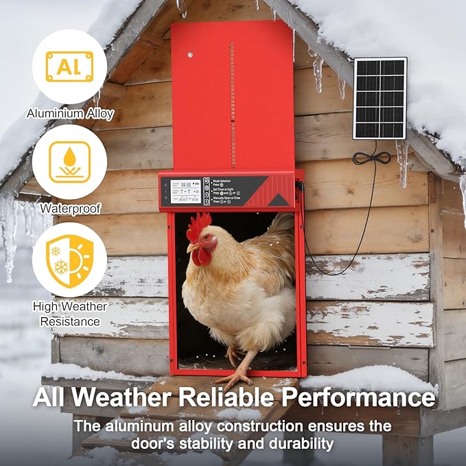 Larger Size Automatic Chicken Coop Door Solar Powered, 4000MAh Internal Battery Automatic Coop Door Anti-hit Side Charging Port, Automatic Chicken Door with Timer, Light Sensor 4Modes & Remote Control