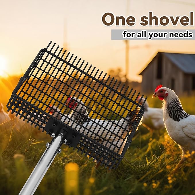 2 Rake Heads Chicken Coop Scoop 2 in 1 Metal Grid Chicken Poop Scooper 37.4 to 68.9 Inch Adjustable Stainless Steel Handle with Ergonomic Grip Farm and Poultry Litter Scoop with Gloves