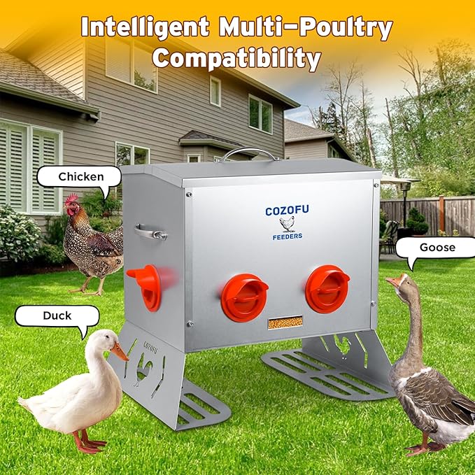 25 Pounds Automatic Chicken Feeder 6 Ports Large Gravity Fed Chicken Feeder with Transparent Window & Handle for Chickens Bantams Pheasants Poultry Coop Weatherproof