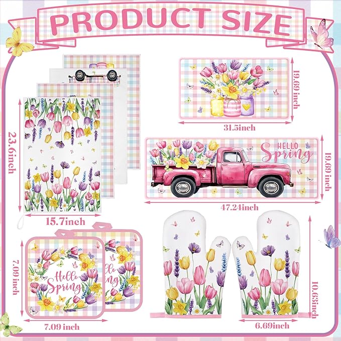 10 Pcs Spring Flower Farmhouse Kitchen Decor Set Dish Towels Kitchen Rugs Oven Mitts and Pot Holders Set for Cooking Baking Grilling Women Mom Daughter Gift(Vibrant Color)