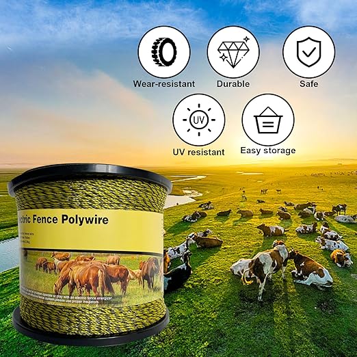 Upgraded Electric Fence Polywire 5050 feet 1540 Meters,1/8 Diameter Portable Electric Fencing Polywires, 6 Stainless Steel Strands,Easy to Install,Yellow and Black,Portable Electronic Fence