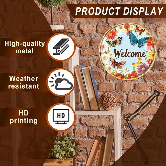 Round Metal Tin Sign Wreath Spring Flowers Butterflies Daisy Welcome Vintage Farmhouse Wall Decor for Front Door Porch Garden Home Outdoor 8x8inch