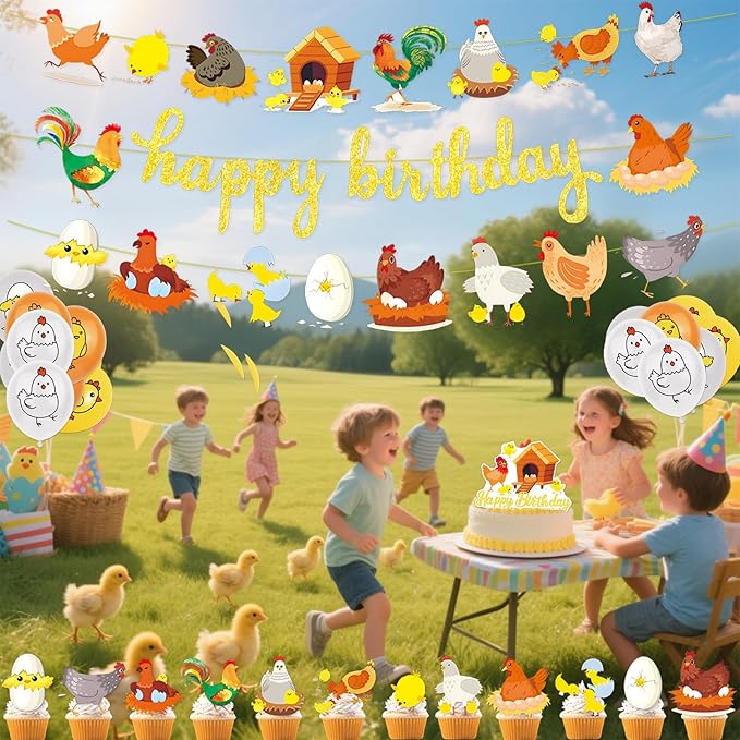 Chicken Party Decorations Gold Glitter Happy Birthday Banner Chicken Paper Garlands Chick Balloons Cake Cupcake Topper for Spring Easter Farm Theme Party Decor Supplies