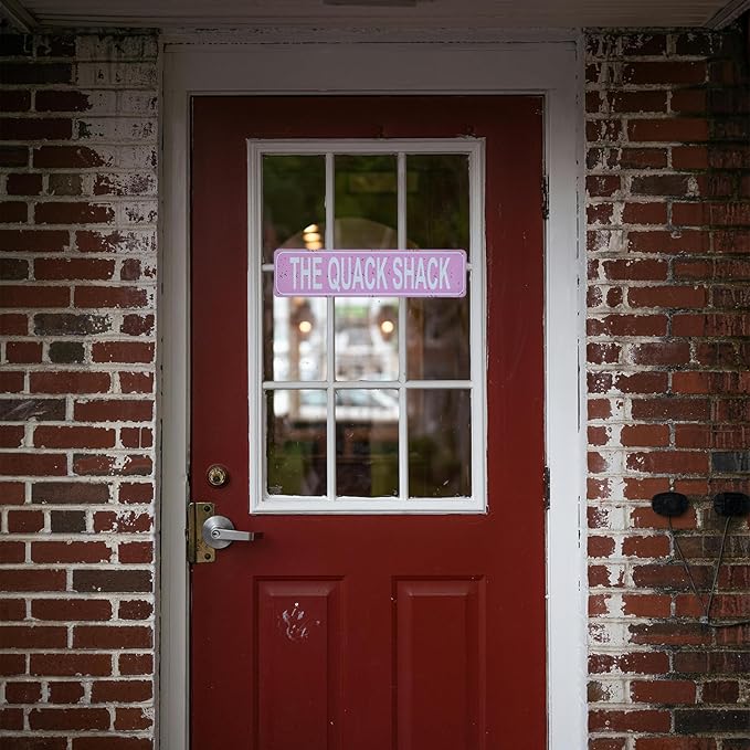 Quack Shack Retro Metal Tin Sign - Duck Waterfowl Chicken Coop Decor, Rustic Street Sign, Door Name Plate Plaque for Farmhouse Pub, Bar, Home Wall Art 16x4 Inch (pink)