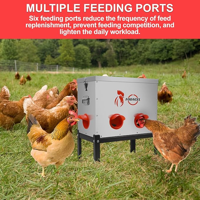 40 LB Automatic Chicken Feeder, Large Capacity Galvanized Steel Metal Feeder with 6 Adjustable Feeding Ports, No Waste Design Anti-Spill and Rodent Proof, All Weatherproof Outdoor Coop Feeders