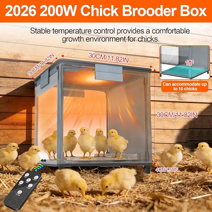 Brooder Box for Chicks, 4-in-1 Chick Starter Kit,Brooder Heating Plate with Adjustable Temp (77~95℉) & 9H Timer, Baby Chicken Pen, Chicken Feeder, Waterer,200W Poultry Coop Heater for Ducks, Quails