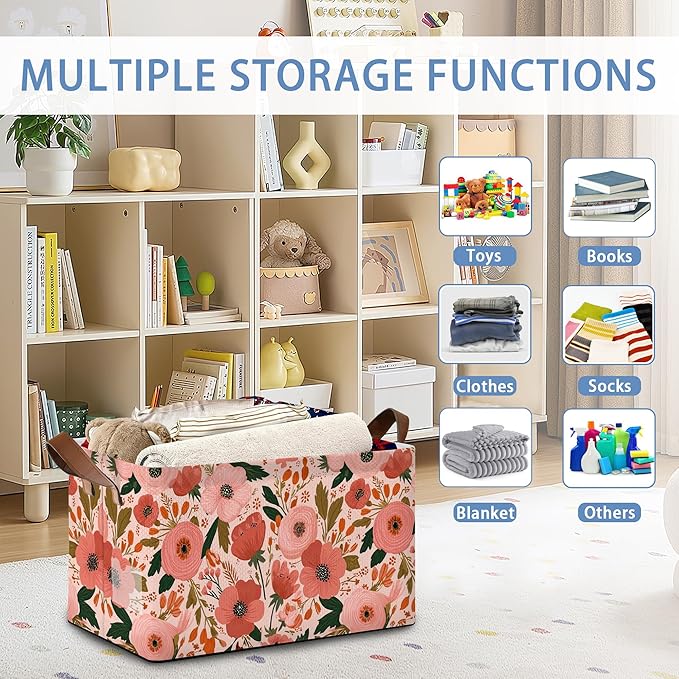 Retro Pink Flower Storage Basket with Handles,Leaves Collapsible Rectangle Organizer Bin for Room Decoration Books Box Baskets 17x11.5x10Inch