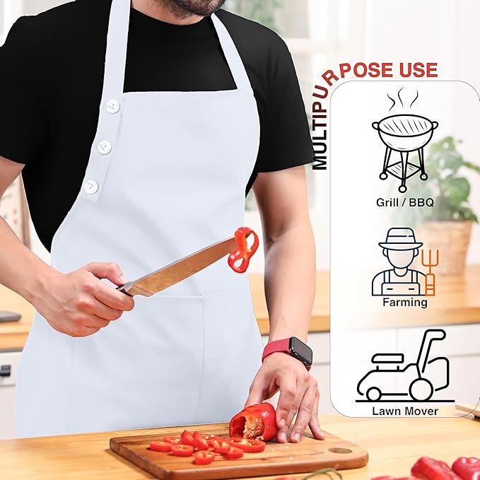 TOSHE Kitchen Apron Waterdrop Resistant Cotton Apron with adjustable Aprons for Women with Pockets 10 Color option Cooking White Apron(White)