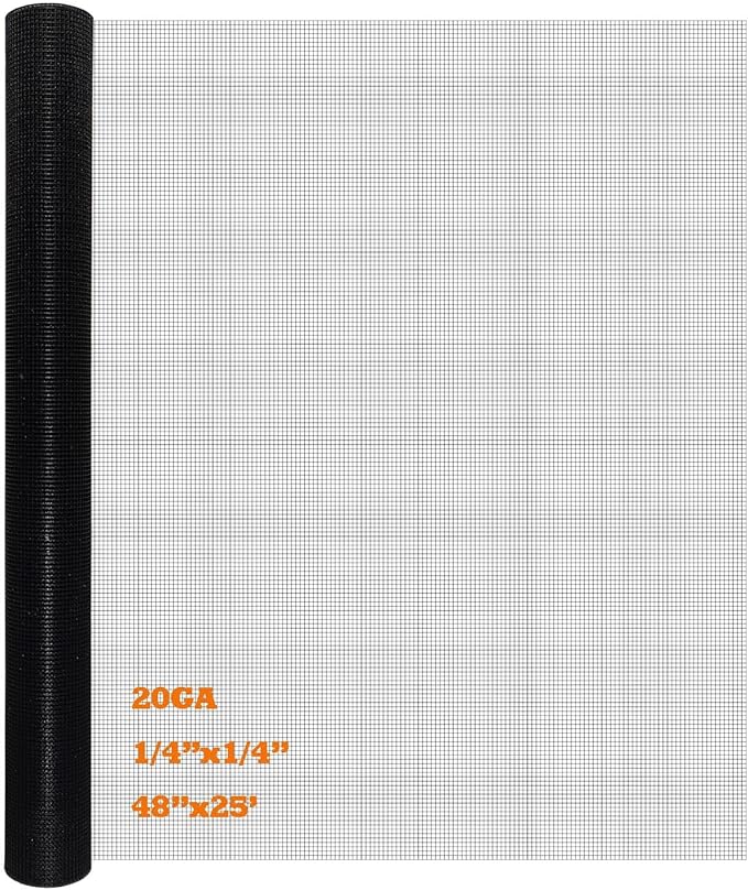 Black PVC Coated Hardware Cloth 48 Inch x 25 Foot -1/4 Inch x 1/4 Inch 20GA