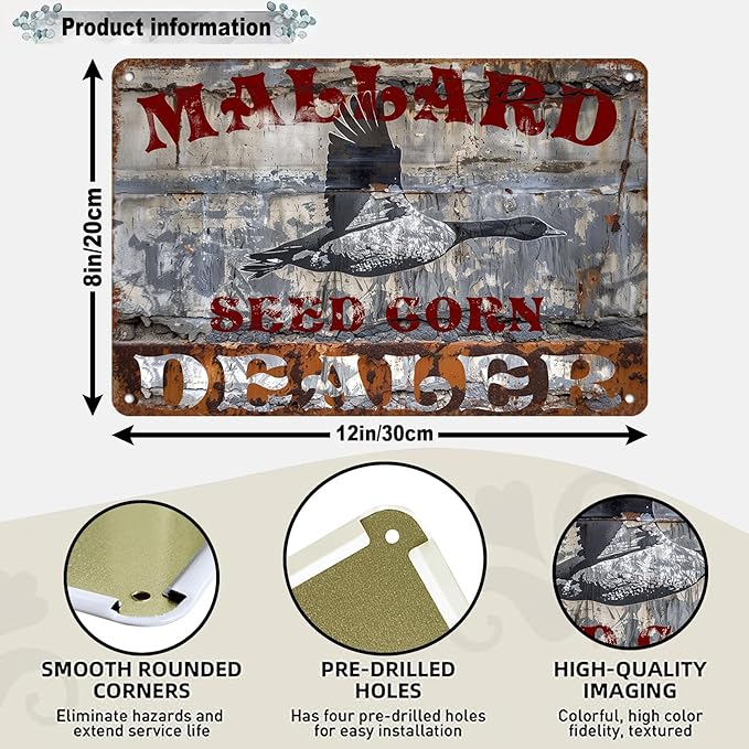 Mallard Seed Corn Metal Tin Sign Wall Art Kitchen Farm Cottage Shop Funny Man Cave Metal Tin Signs Decorative Accessories Wall Vintage Metal Tin Logo Poster Plaque Bar Club Cafe 12 * 8in