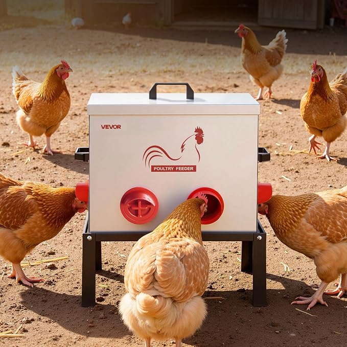 VEVOR Automatic Chicken Feeder, 40 lbs Capacity, 6 Feeding Ports No-Waste Poultry Feeder with Built-in Divider, with Latch & Handle, Metal Construction, for Chickens Bantams Pheasants Poultry Coop