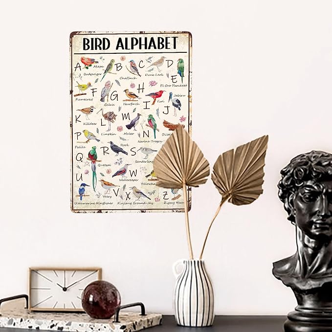 JOCASA Bird Alphabet Vintage Metal Poster Sign Decor-Retro Aluminum Metal Tin Sign for Home Wall Decor, Garden, Bedroom, Signs Gift,12''x 8''