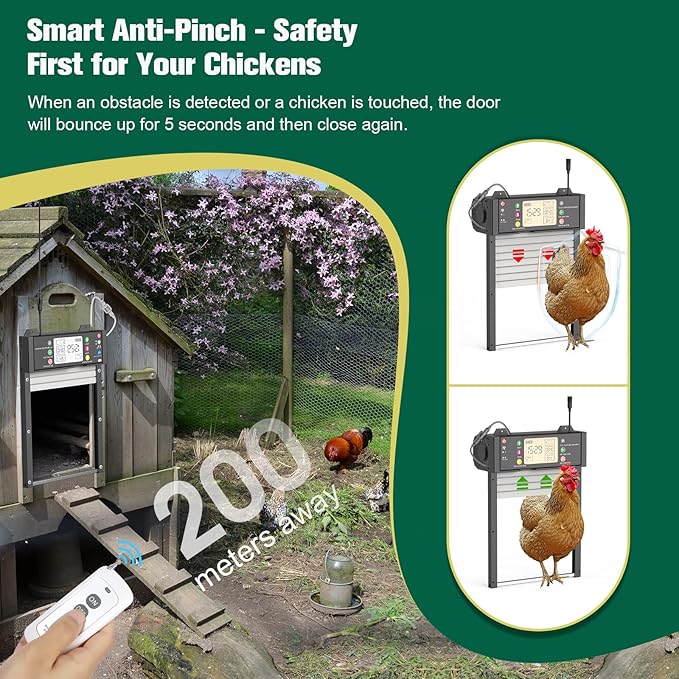 Smart Automatic Coop Door with App, Door Status Monitoring & WiFi Auto Connect, Solar Chicken Door Opener, Anti-Pinch Safety, Light Sensor, Timer, 4000mAh Battery Roll-Up Chicken Door for All Coops