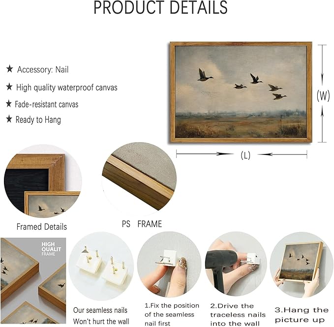 Framed Vintage Flying Duck Canvas Wall Art Wildlife Poster Print Natural Wilderness Picture Retro Wild Duck Painting Artwork Wall Decor for Bedroom Living Room Kitchen 16x24in