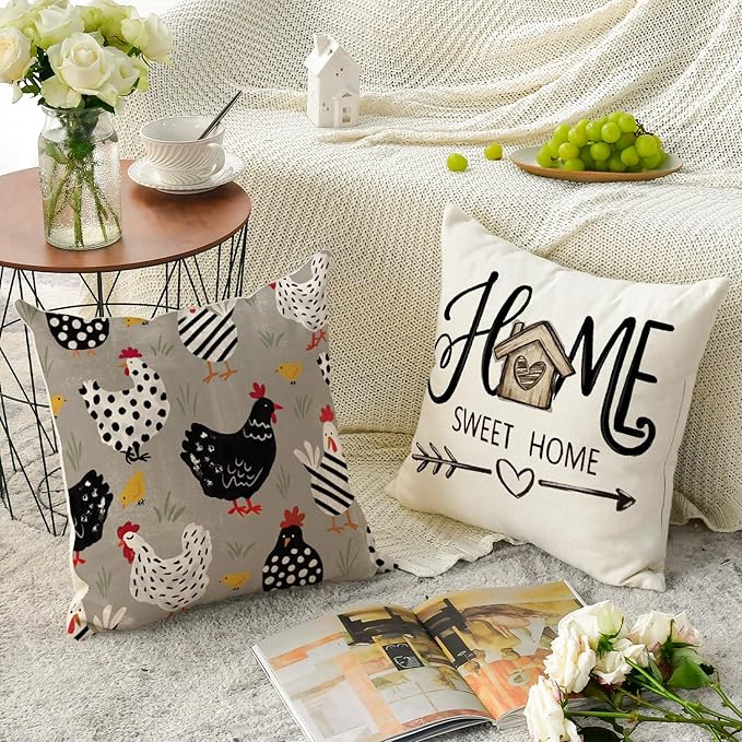 AVOIN colorlife Farmhouse Chicken Home Sweet Home Throw Pillow Covers, 18 x 18 Inch Bless Our Home Seasonal Cushion Case Decoration for Sofa Couch Set of 4