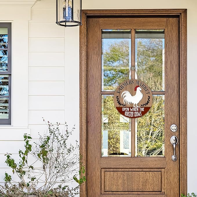 Farmers Market Open When The Rooster Crows Front Door Sign, Vintage Farmhouse Chicken Wood Hanger Outdoor Home Decor, Rustic Country Wooden Wreath Indoor Wall Hanging Decoration Farm Gifts
