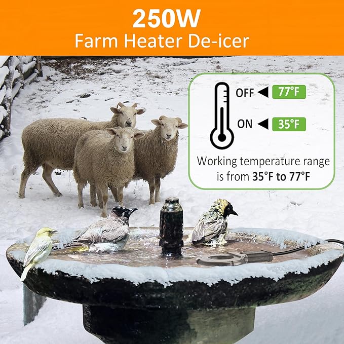 250W Utility De-Icer, Submergible Bird Bath Heater De-icer, Chicken Water Heater, Stock Tank Heater for Livestock Poultry Birds, Cows, Horses, Wildlife Drinkingwith 10FT Power Cord, Black