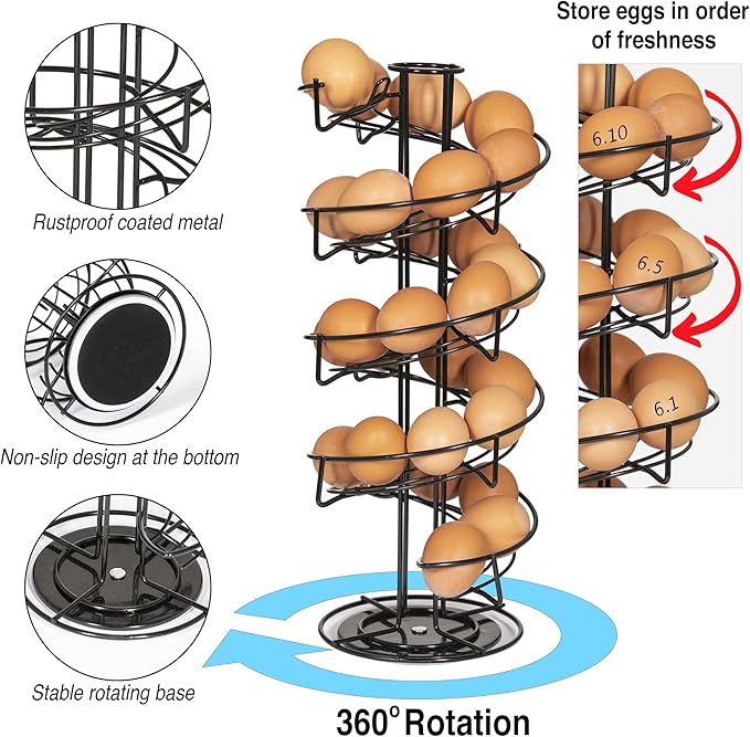 Rotating Spiral Egg Dispensing Rack, Skelter, Countertop storage & display. INCLUDES Matching Egg Collecting Basket