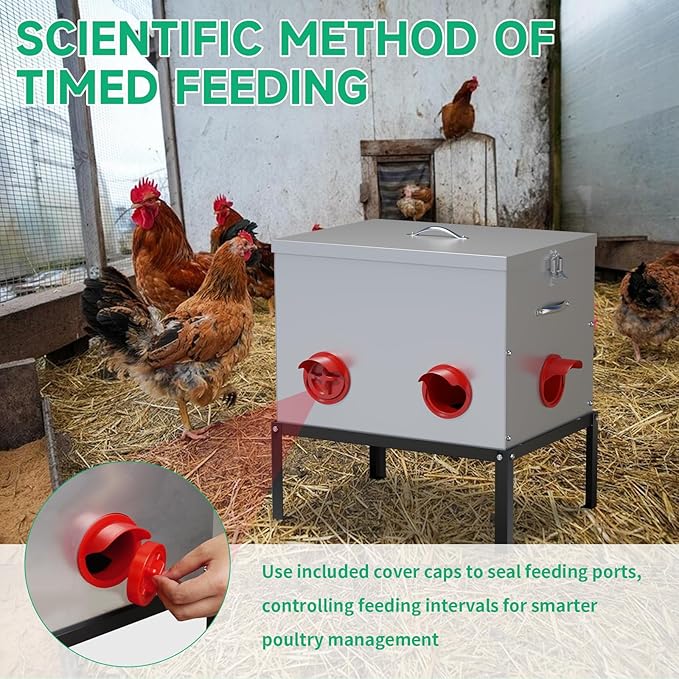 Automatic Chicken Feeder,6 Port Large Chicken Feeder with Raise 40 lb Capacity,Waterproof Galvanized Steel Poultry Feeder with Locking Lid for Chicken Coop
