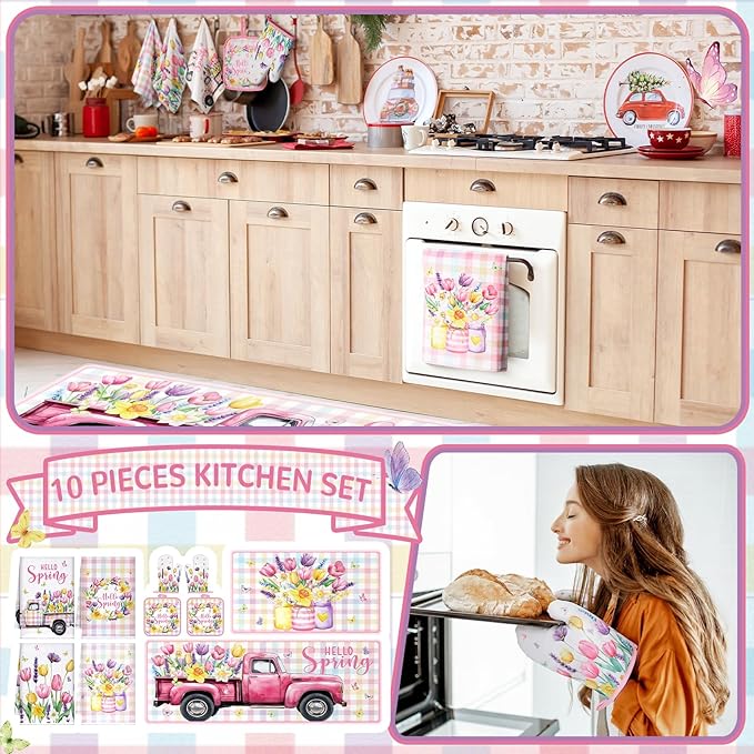 10 Pcs Spring Flower Farmhouse Kitchen Decor Set Dish Towels Kitchen Rugs Oven Mitts and Pot Holders Set for Cooking Baking Grilling Women Mom Daughter Gift(Vibrant Color)