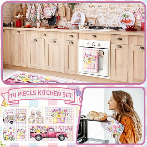 10 Pcs Spring Flower Farmhouse Kitchen Decor Set Dish Towels Kitchen Rugs Oven Mitts and Pot Holders Set for Cooking Baking Grilling Women Mom Daughter Gift(Vibrant Color)