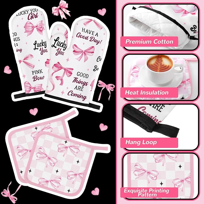 10 Pcs Bow Kitchen Dish Towels Rugs Oven Mitts and Pot Holders Set Farmhouse Kitchen Decor Set for Women Mom Daughter Gift Cooking Baking Grilling(Black, Pink)