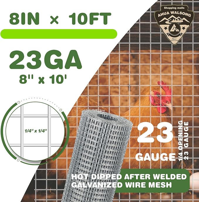Hardware Cloth 1/4 Galvanized Wire Mesh Roll 8" x 10' (23 GA) - Chicken Wire Fence for Pens, Coops, Rabbit/Snake Fences, Poultry Enclosures, Crafting, and Screen Mesh