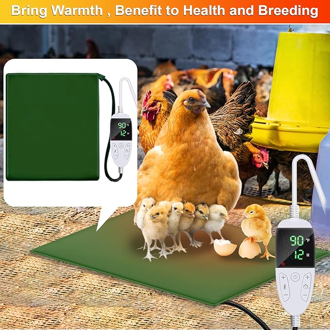 Chicken Heating Pad Chick Brooder Pad Poultry Heated Mat Adjustable Digital Thermostat Brood Heater Blanket with Timer Anti Bite Warmer Bed for Small Animal Pet 15.7 x 23.6 in Green