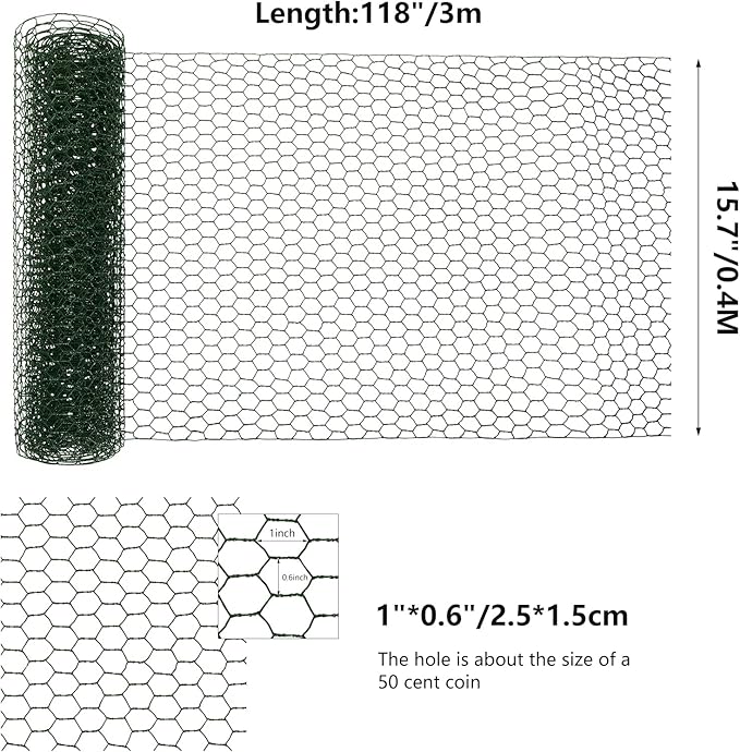 Aboofx Chicken Wire for Floral Arrangements 118 x 15.7 Inch Green Mesh Chicken Wire with 50 Zip Ties and 1 Pair of Glove Hexagonal Galvanized PVC Coated Netting Fence for Crafs Poultry Garden