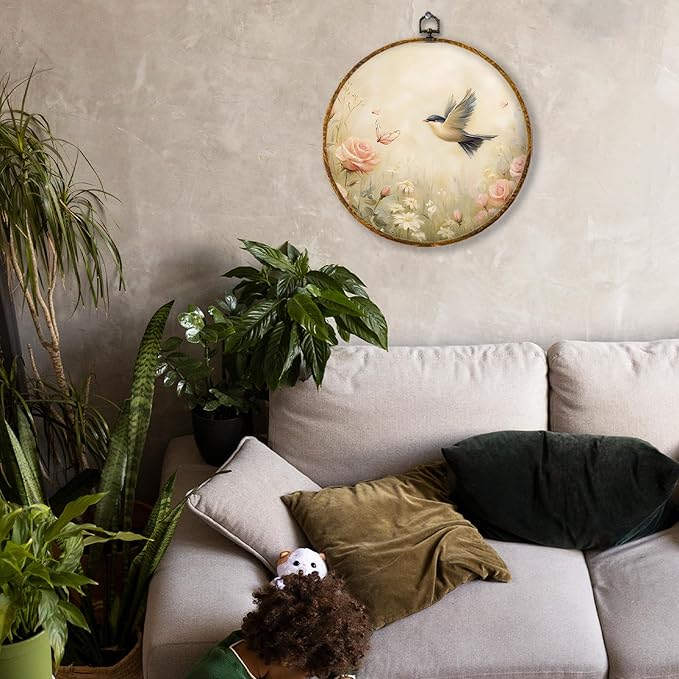 Hiuwevt Rustic Floral Hummingbird Round Wall Art Decor, Vintage Flower Shrubs Bird Hanging Canvas Prints Artwork Framed, Cottagecore Nature Circular Wall Decor for Home Room, 10x10 Inch