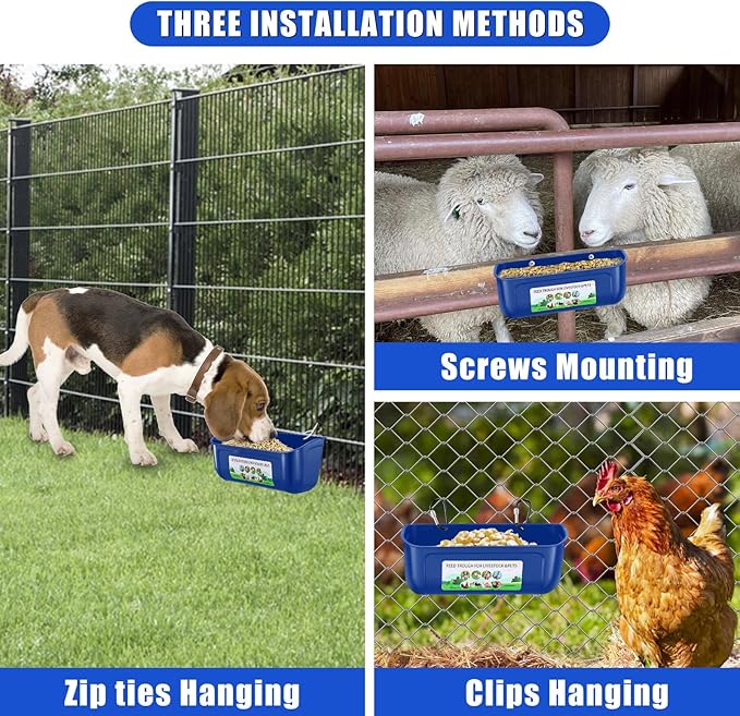 Chicken Feeder Waterer, 10 Pack Duck Feeder Supplies, Hanging Fence Feed Trough with Clips for Goat, Sheeple, Piglet, Gooses, Turkeys, Dog Livestock Poultry, Blue