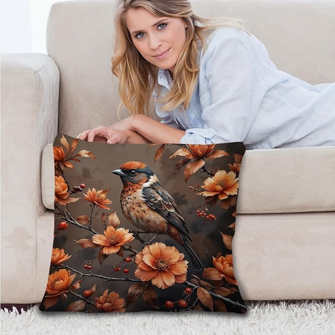 Vintage Floral Bird Pillow Covers 18x18, Bird Decor for Home, Cottagecore Floral Botanical Birds Nature Throw Pillow Covers for Home Living Room Bedroom