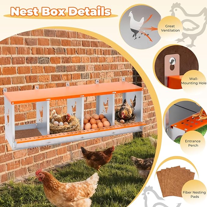 Chicken Nesting Box, 4 Compartment Metal Nesting Boxes for Chickens, Wall Mountable Chicken Laying Boxes, Easy Egg Collection, with Nesting Pads, Indoor & Outdoor Use, 42.5" L x 17" W x 15" H