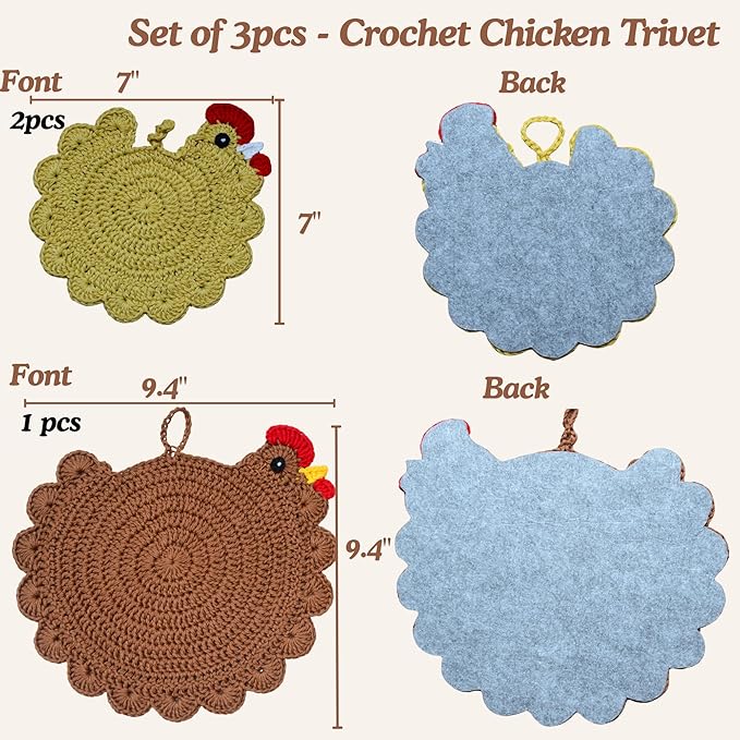 Handmade Crochet Chicken Trivets Set of 3, Chicken-Gifts, Valentine Gifts, Pot Holders, Heat Resistant Farmhouse Kitchen Home Decor, Cooking, Baking, Cute Desk Accessories, Tabletop Protection