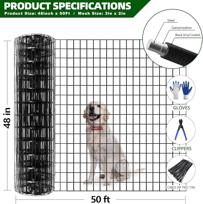 Welded Wire Fence, 50ft(L) x 48inch(H) Garden Fence for Dog, 2 Inch x 3 Inch 16GA Fencing for Chicken, PVC Coated Anti-Rust Roll Metal Wire Mesh Fence for Yard Vegetable, Black