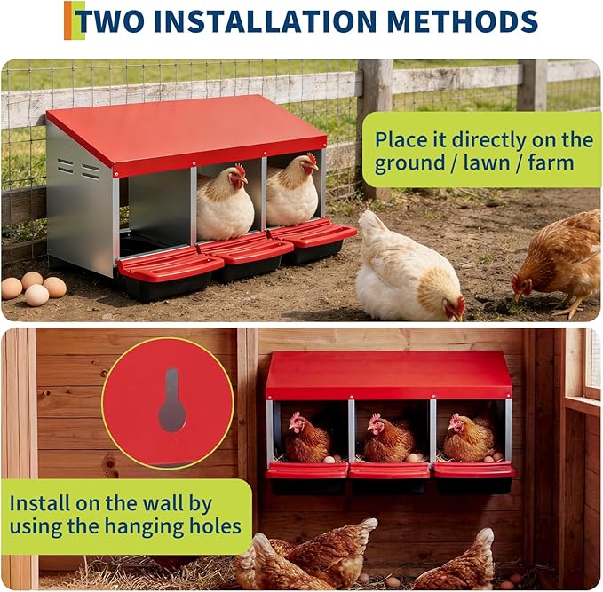 Chicken Nesting Box, 3 Hole Compartments Chickens Egg Laying Nest Boxes for Hens, Metal Chicken Egg Laying Box, Roll Out Egg Collection, Cleanable Pull Out Hen Roosting Boxes Wall Mount, Vented