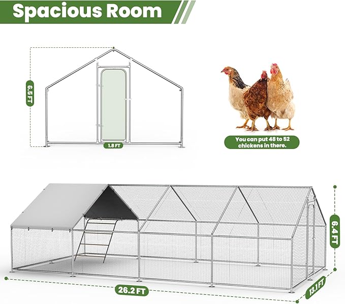 Large Metal Chicken Coop Run with Roosting Perch– Outdoor Waterproof & UV-Resistant Cover for Chickens, Ducks, Rabbits, and Hens in Yard or Farm Use Spire Roof(13.1'Wx26.2'Lx 6.5'H)