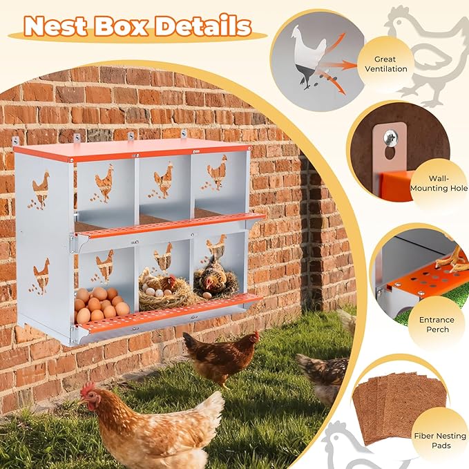 Chicken Nesting Box, 6 Compartment Metal Nesting Boxes for Chickens, Wall Mountable Chicken Laying Boxes, Easy Egg Collection, with Nesting Pads, Indoor & Outdoor Use, 31.8" L x 17" W x 25" H