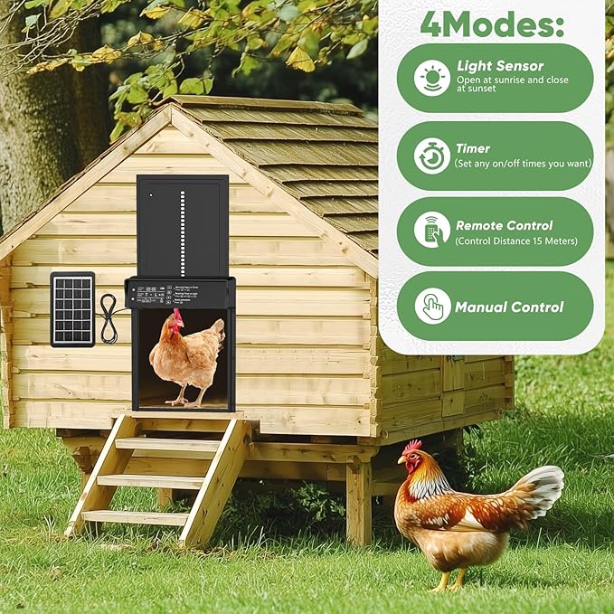 Automatic Chicken Coop Door Solar Powered with Timer & Light Sensor 4 Modes Aluminum Waterproof Chicken Door, Remote Control, LCD Display, Dual Protection of Anti-Pinch Design and Abnormal Alarm