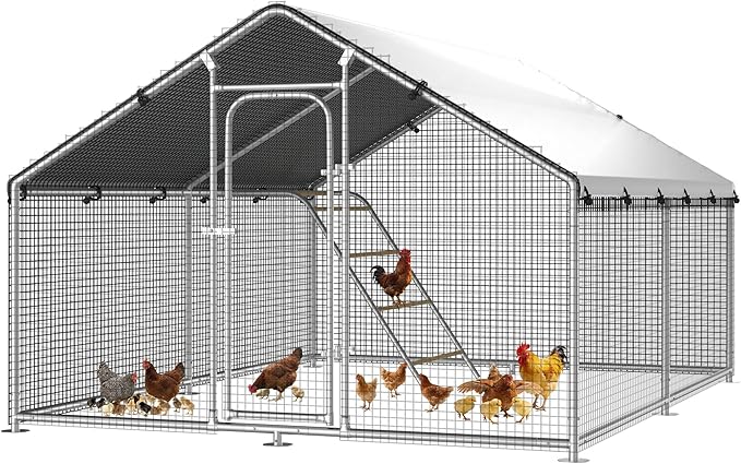 Large Metal Chicken Coop Run with Roosting Perch, Outdoor Poultry Cage with Heavy Duty Wire Mesh and UV-Resistant Cover for Chickens Use, Spire Roof (8.9'W x11.8'L x 6.6'H)