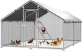 Large Metal Chicken Coop Run with Roosting Perch, Outdoor Poultry Cage with Heavy Duty Wire Mesh and UV-Resistant Cover for Chickens Use, Spire Roof (8.9'W x11.8'L x 6.6'H)