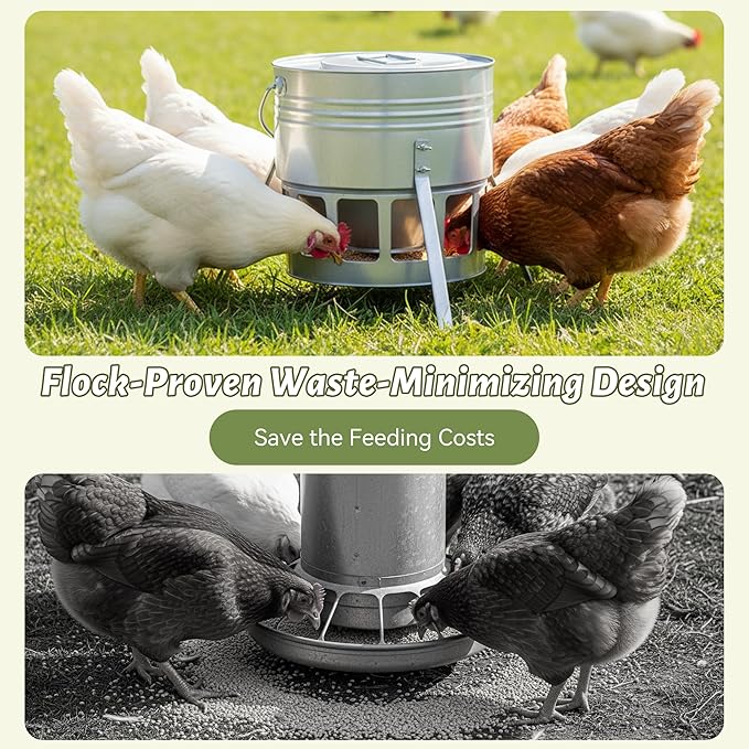 KOL Metal Chicken Feeder - 20lbs No Waste Chicken Feeder with 12 Ports, Powder Coated Rust-Proof Design & Smooth Edges for Safe Feeding (Silver)