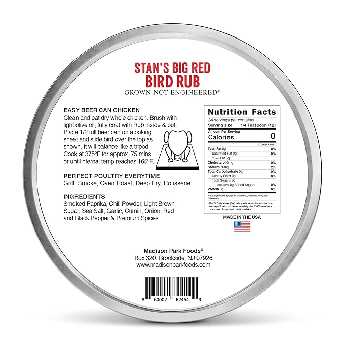 Stan’s Big Red Bird Rub – Poultry Seasoning for Deep Fried Turkey, BBQ Chicken and Wings – Perfect Beer Can or Spatchcock – All Natural, Gluten-Free, Low Salt, No MSG – 3oz Fresh-Sealed Pouch in Reusable Tin