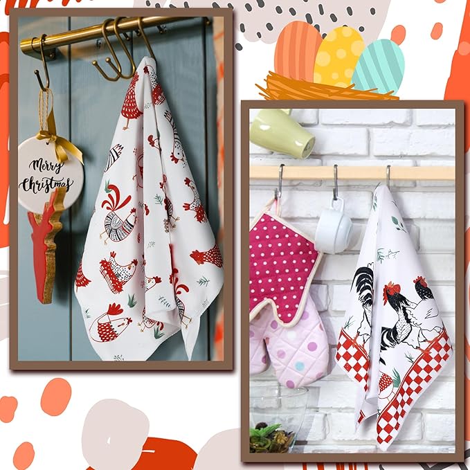 Geyoga 4 Pcs Chicken Kitchen Towels Rooster Dish Hand Towels Farm Animal Cow Vintage Rustic Tea Cloth for Spring Easter Bathroom Farmhouse Decor Gifts, 16 x 24 Inch(Red, Black, White,Farmhouse)